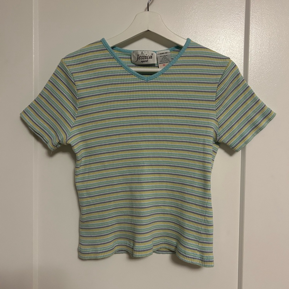 Jessica Sport Striped Ribbed V-Neck Top